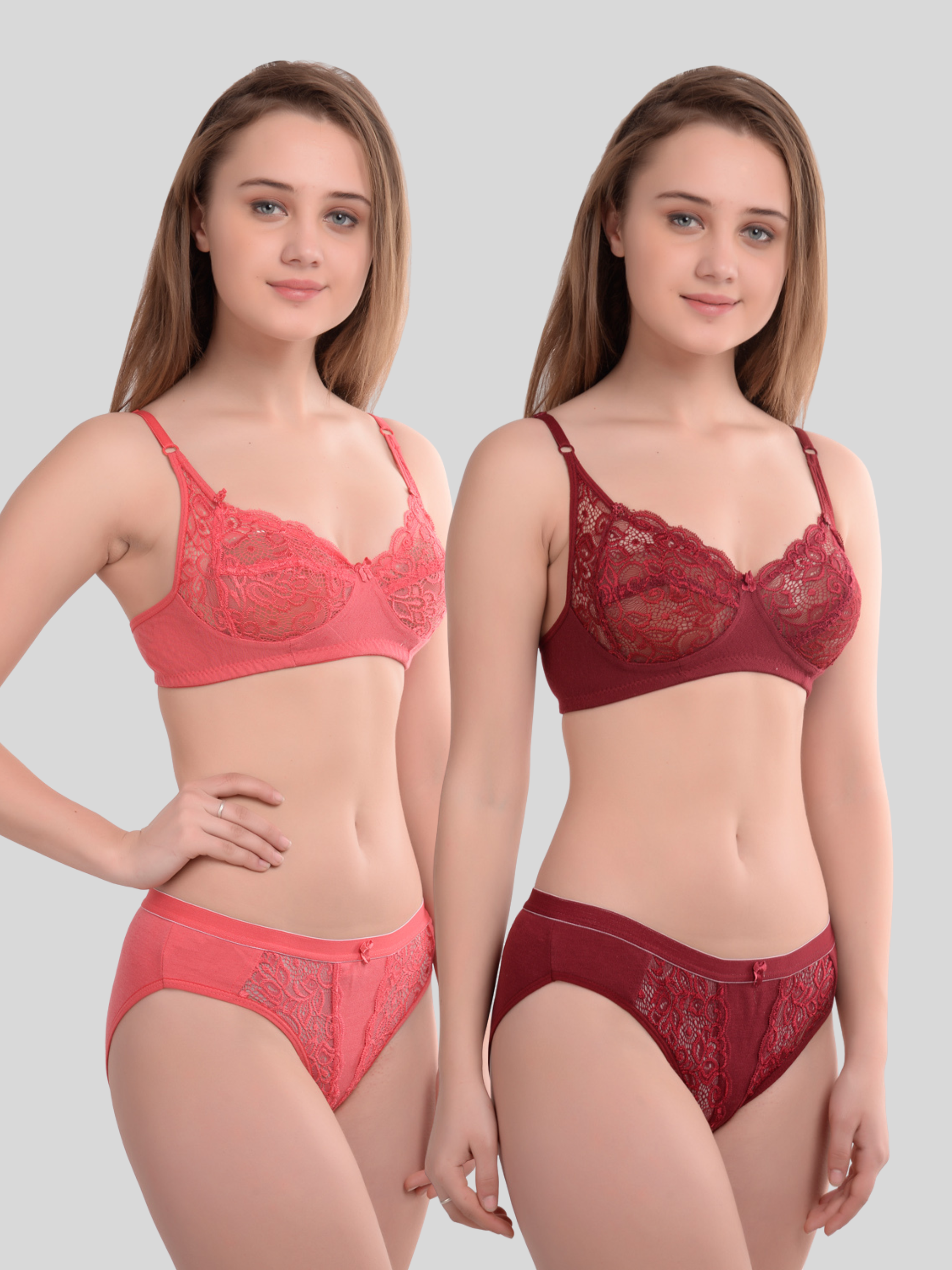 Honeymoon Cotton Wire Free Full Coverage Bridal Lace Set Combo of 2: Cup B