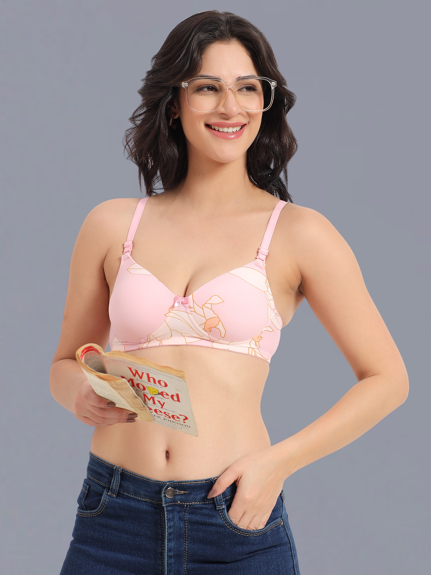 Padded Non-Wired Full Cup Floral Print T-shirt Bra in light Pink - Lycra