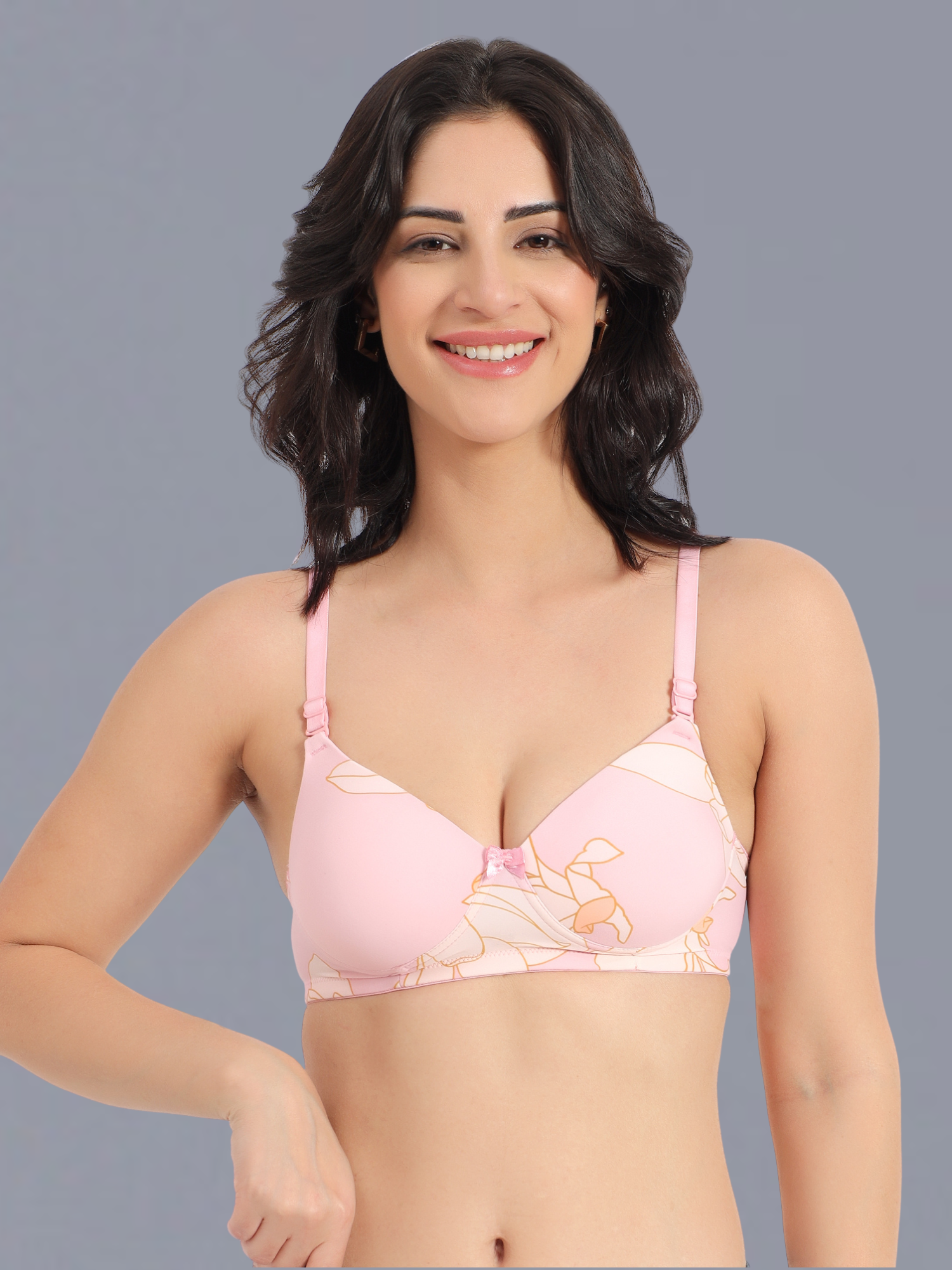 Padded Non-Wired Full Cup Floral Print T-shirt Bra in light Pink - Lycra
