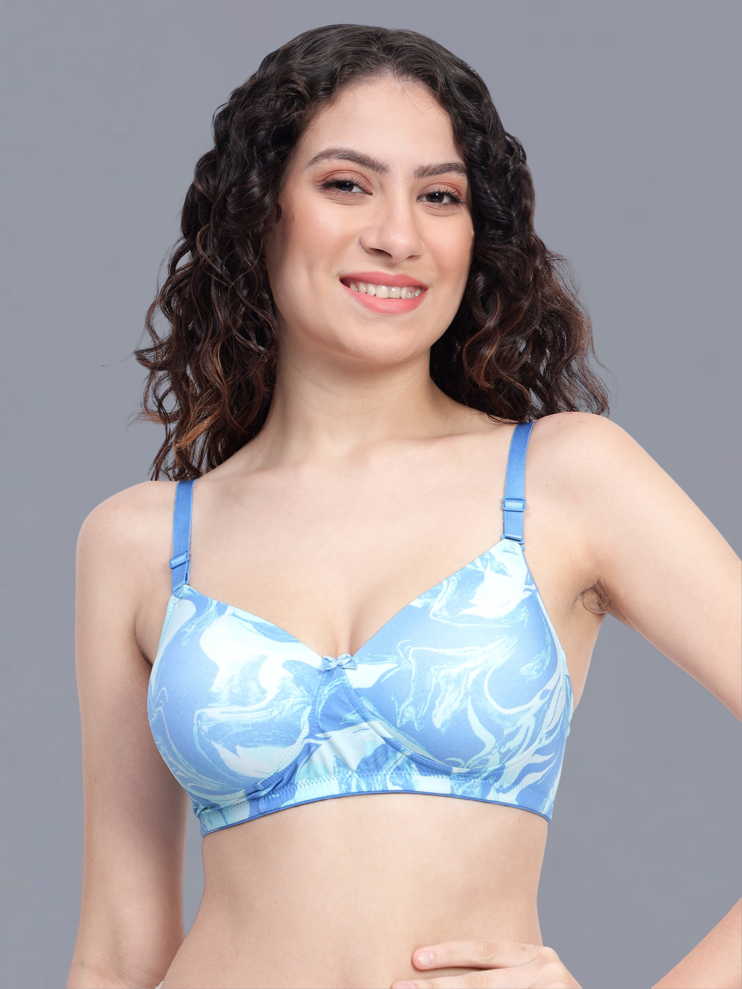 Padded Non-Wired Printed T-shirt Bra in Sky Blue & White